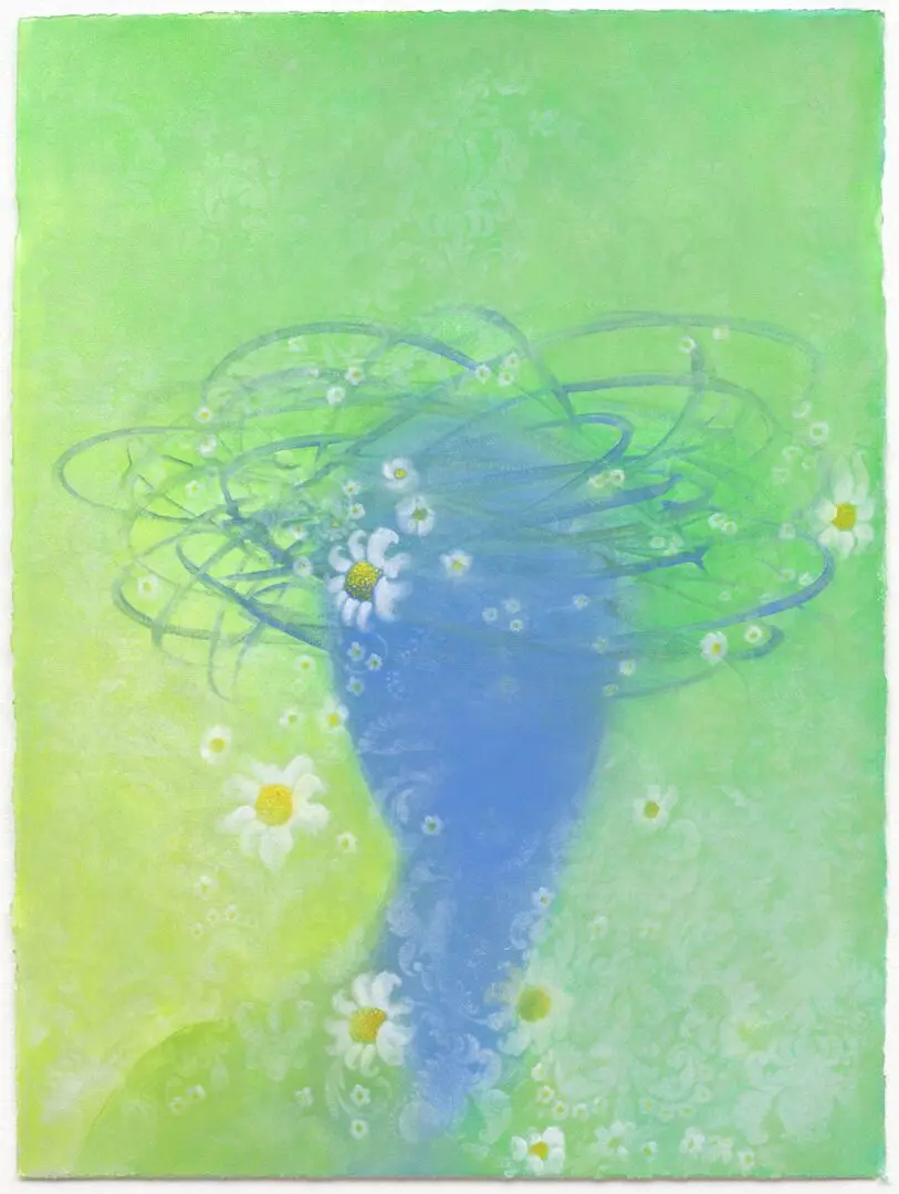 A painting with bright blue and green colors