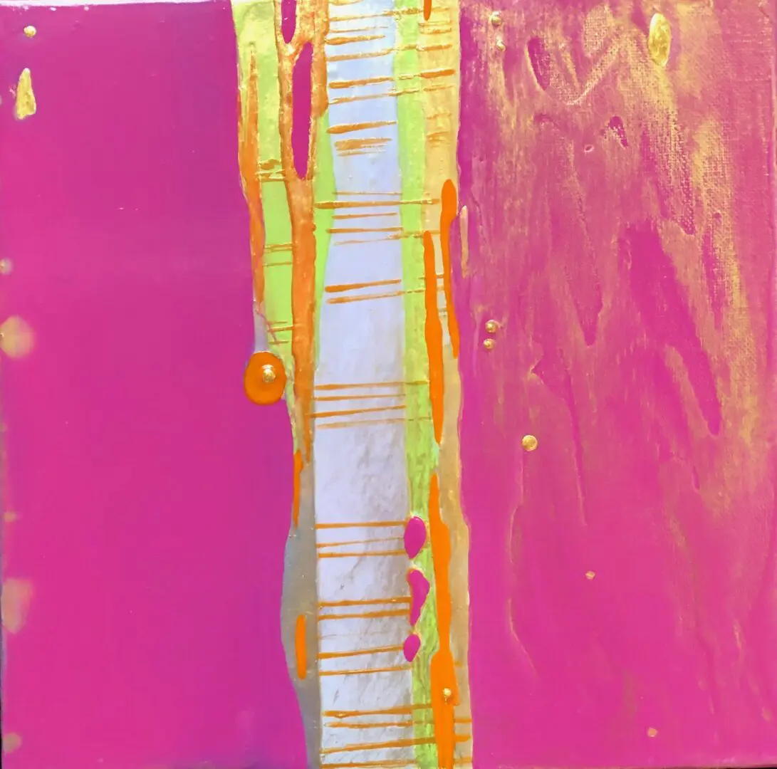 A painting with bright red, yellow and pink colors