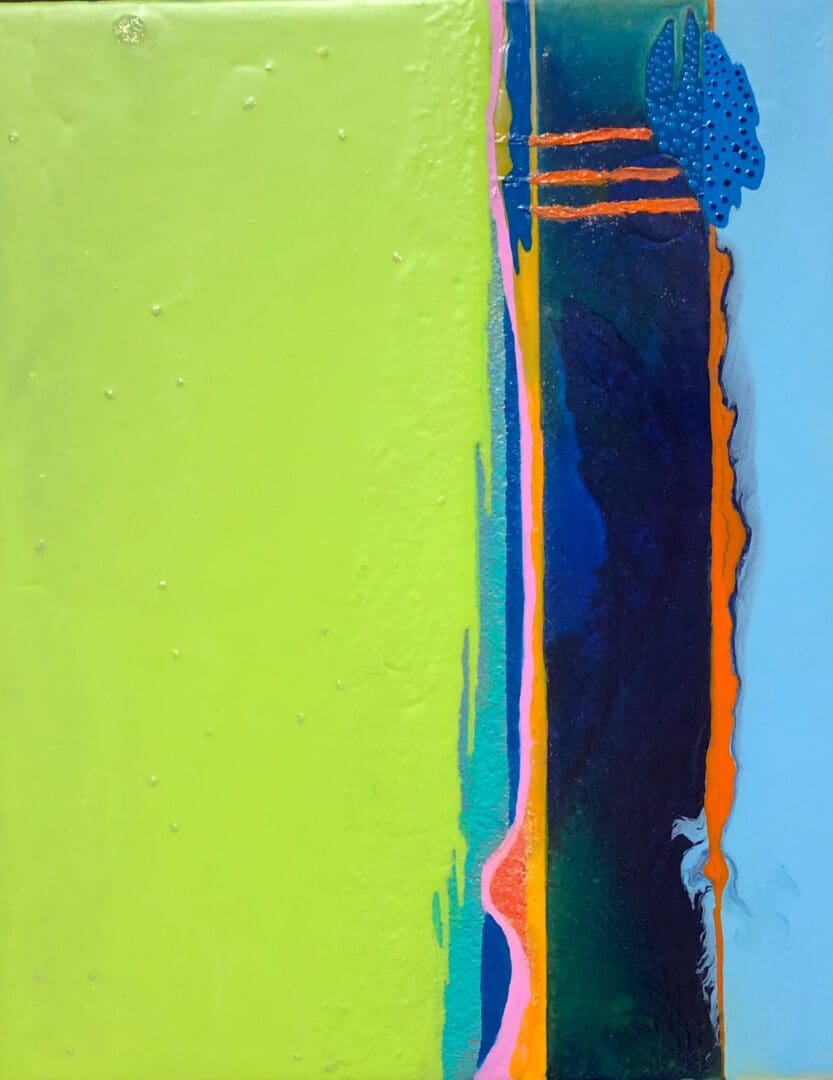 A painting with bright green and blue colors